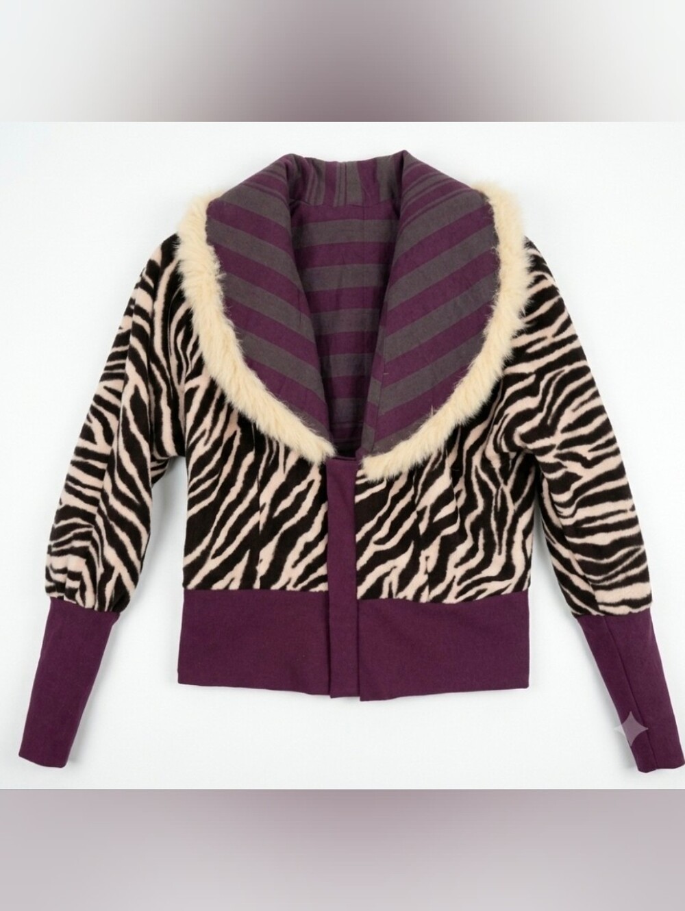 Reversible Zebra & Striped Faux Fur Collar Jacket M